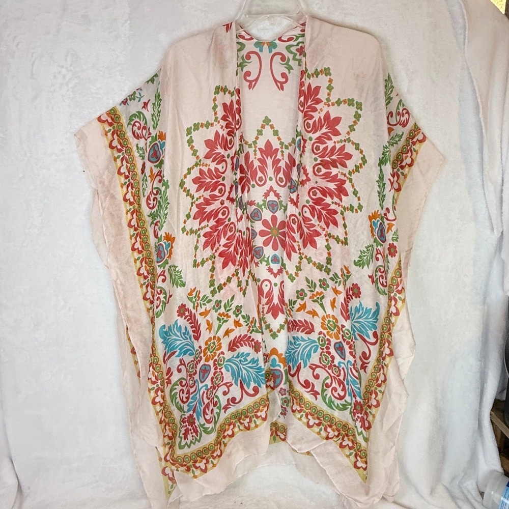 Boho Floral Medallion Kimono Cardigan Open Front One Size Festival Beach